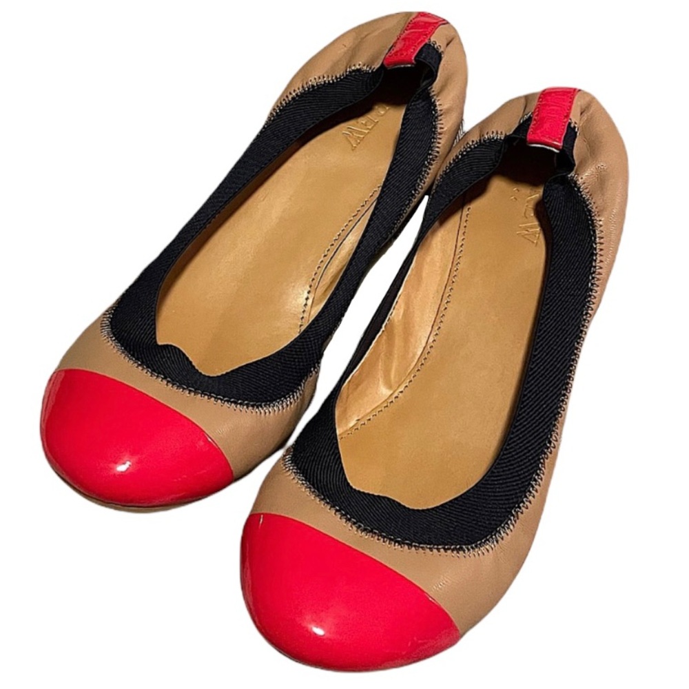 J. Crew Tan Leather Ballet Flats with Red Patent Cap Toe